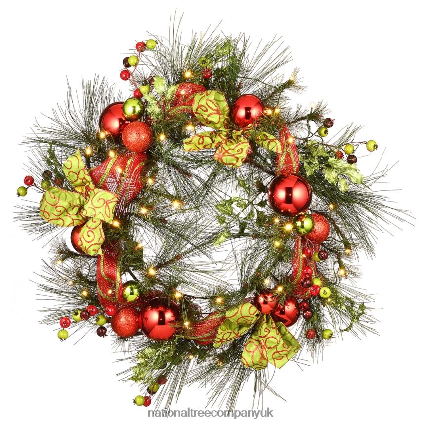Greenery | National Tree Company Artificial Christmas Wreath Green Bristle Berry Decorated with Ball Ornaments Bows Berry Clusters Christmas Collection 30 Inches F2L4F322